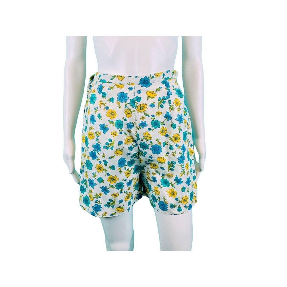 Vintage 1960s Floral Print Shorts Blue Yellow White Cotton | W 26"